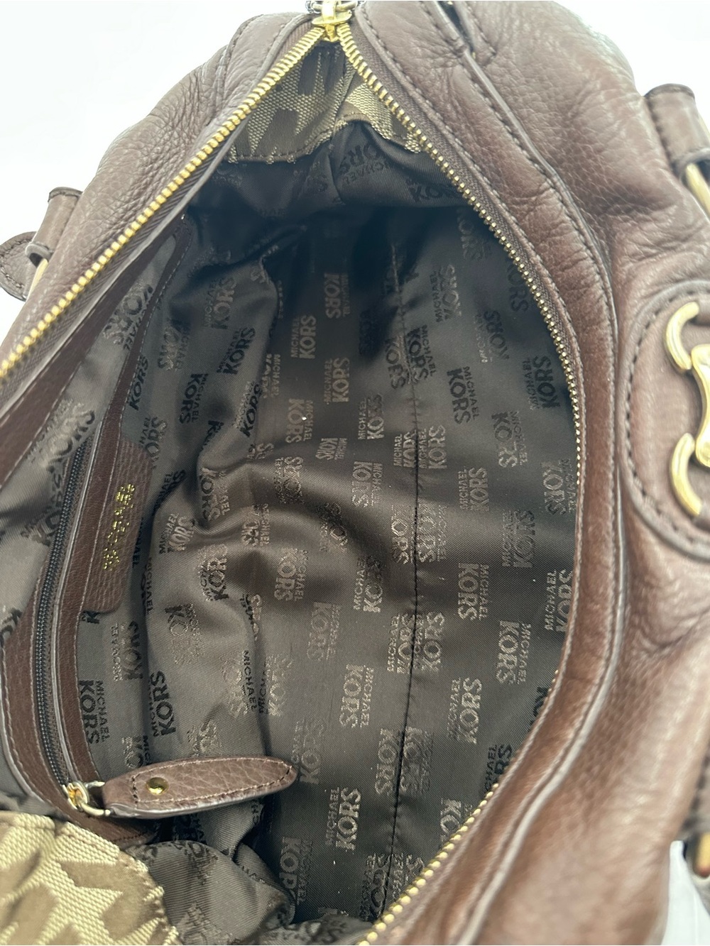 Vintage Michael Kors Brown MK Monogram Leather Satchel Bag Y2K Shoulder Purse - Picture 10 of 11